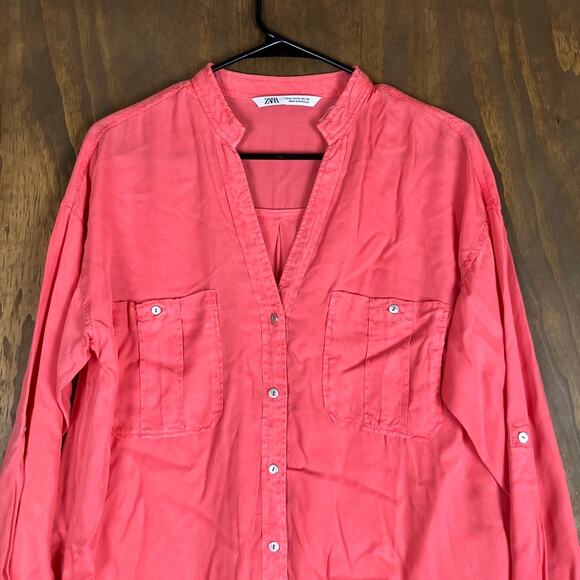 Zara Womens Blouse Coral Utility V Neck Button Down Long Sleeve Medium - Picture 2 of 12
